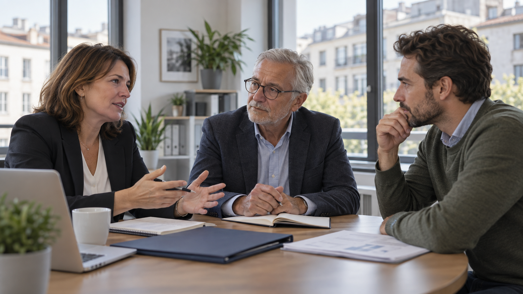 Drei Personen im Gespräch an einem Bürotisch